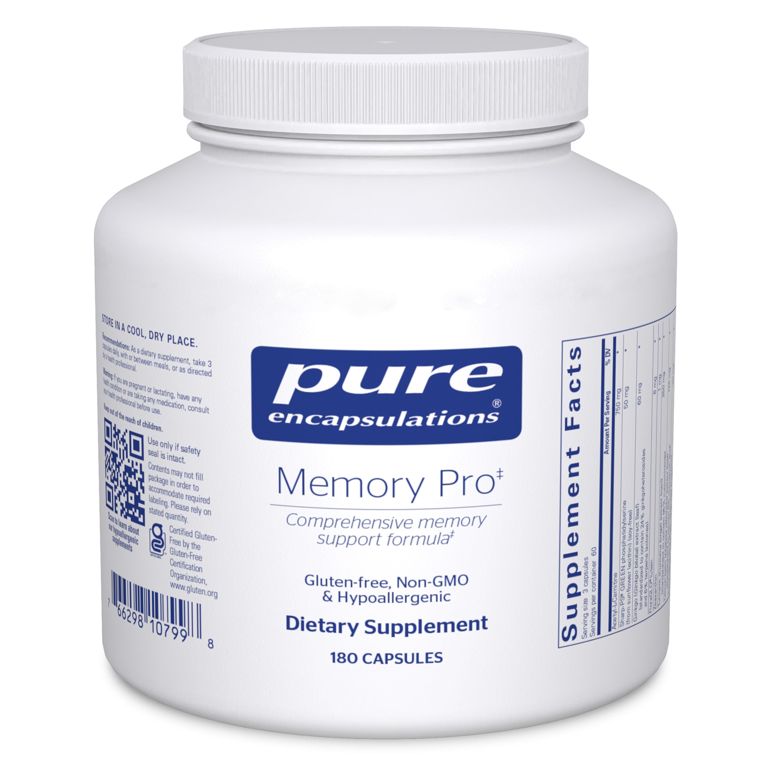 Pure Encapsulations Memory Pro bottle, front view, suggesting study-focused cognitive support.