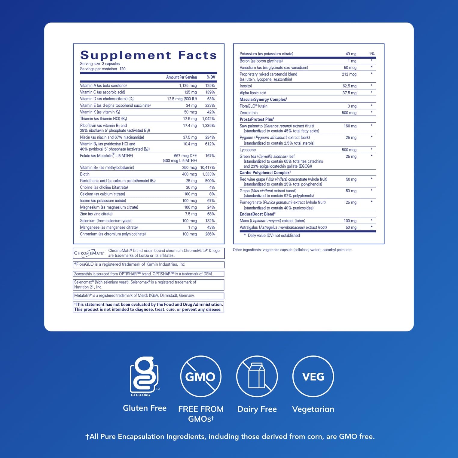 Pure Encapsulations Men's Nutrients bottle back label shows complete nutrient profile