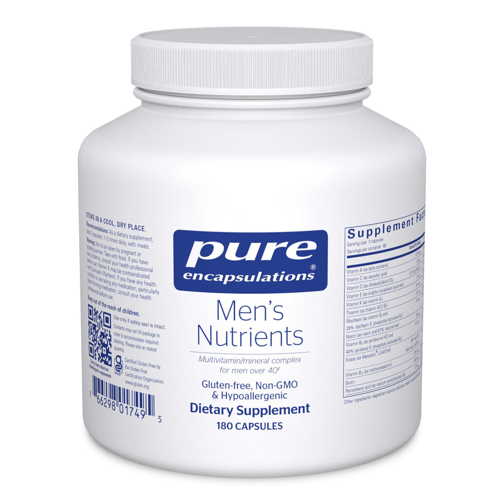 Pure Encapsulations Men's Nutrients bottle label, highlighting energy support and prostate health potential.