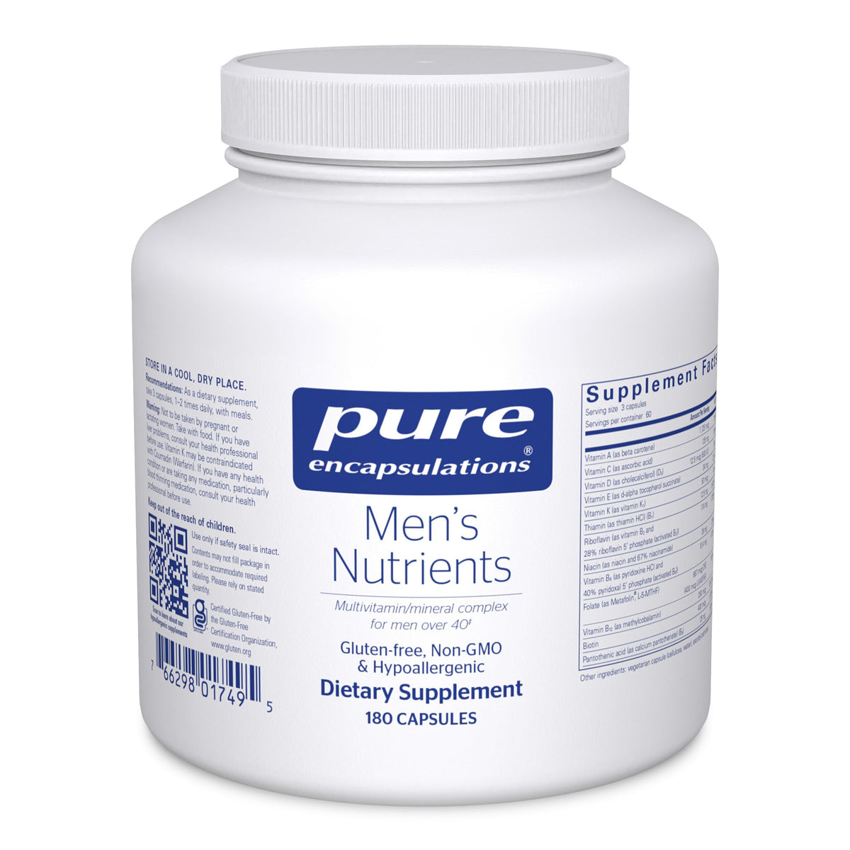 Pure Encapsulations Men's Nutrients bottle label, highlighting energy support and prostate health potential.