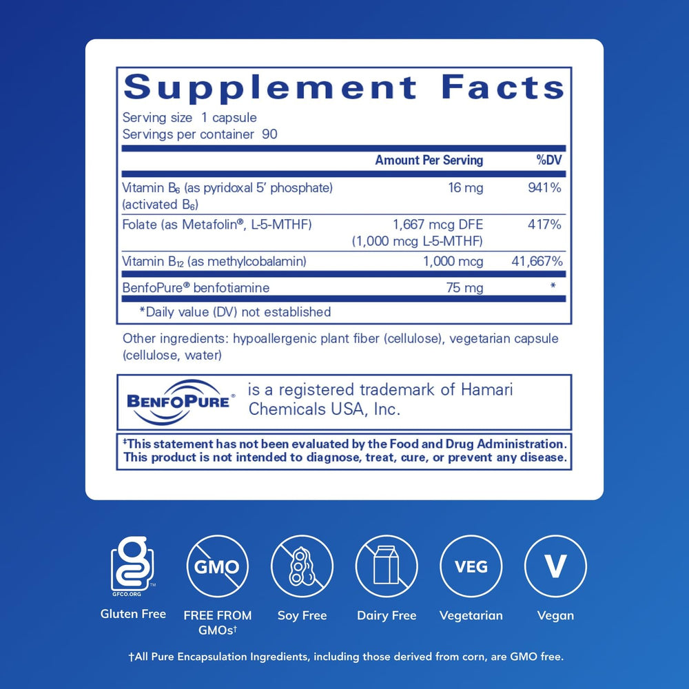 Pure Encapsulations MethylAssist 90's label closeup highlights Metafolin L-5-MTHF for methylation support.