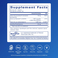 Pure Encapsulations MethylAssist 90's label closeup highlights Metafolin L-5-MTHF for methylation support.