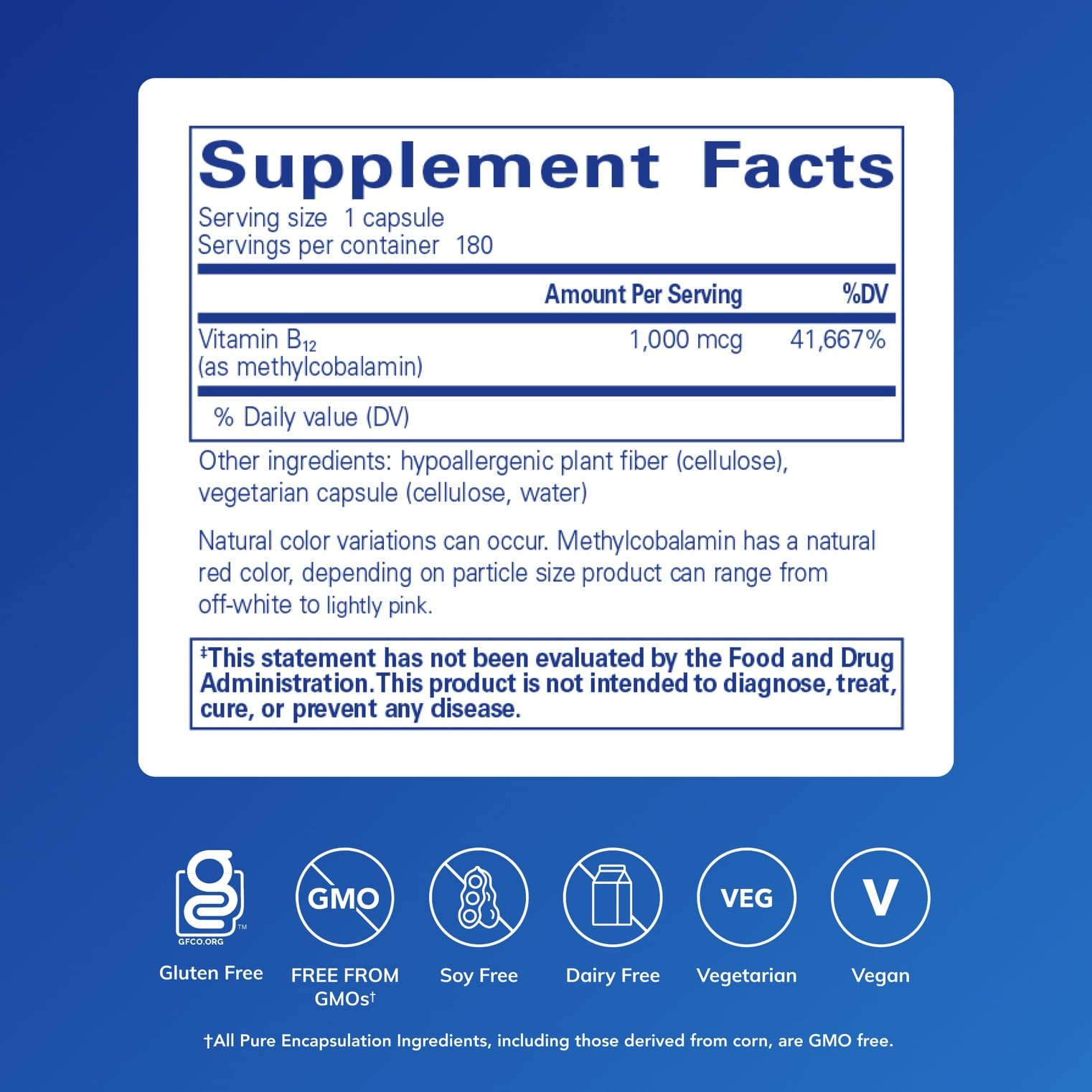 Pure Encapsulations methylcobalamin capsules ready for energy metabolism support.