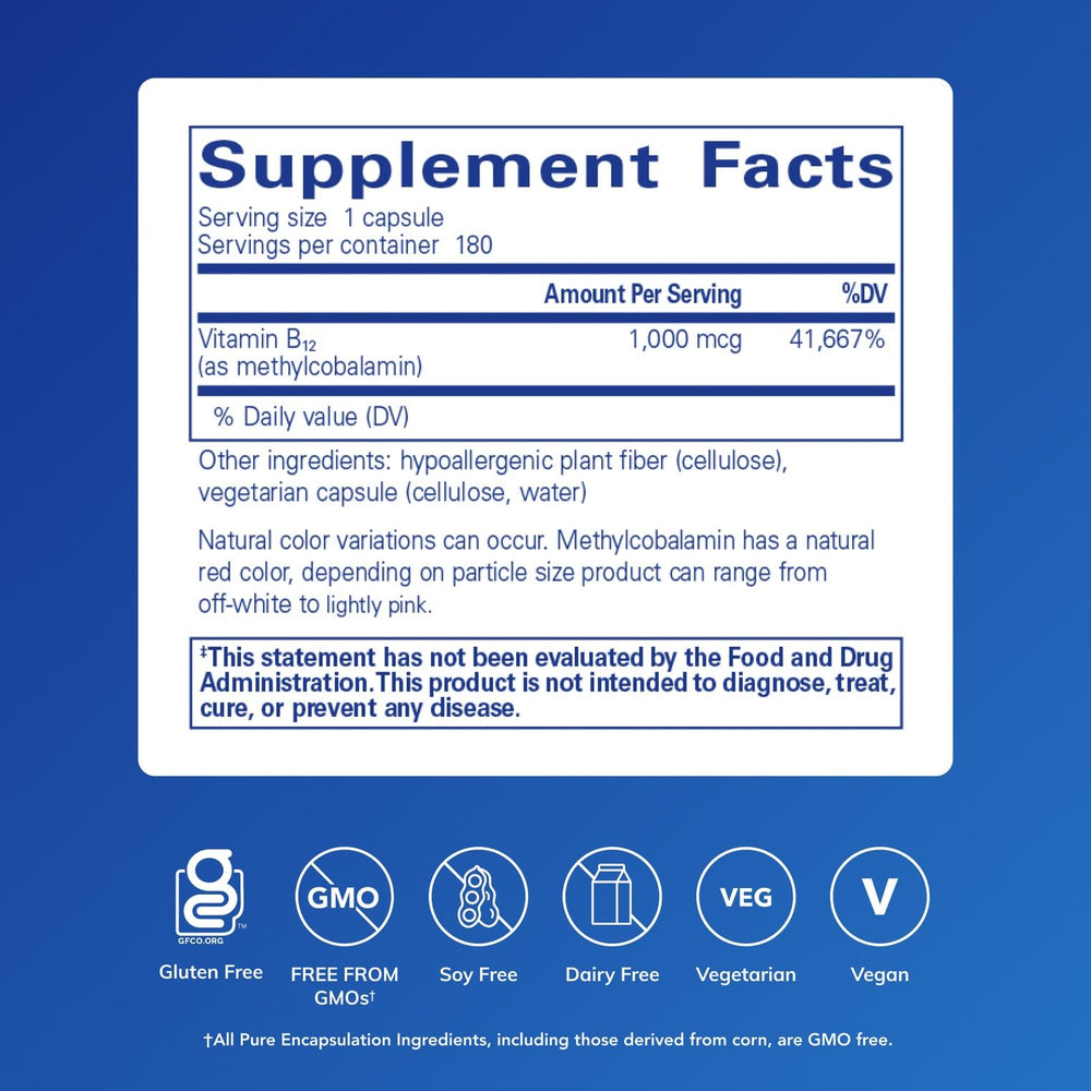 Pure Encapsulations methylcobalamin capsules ready for energy metabolism support.