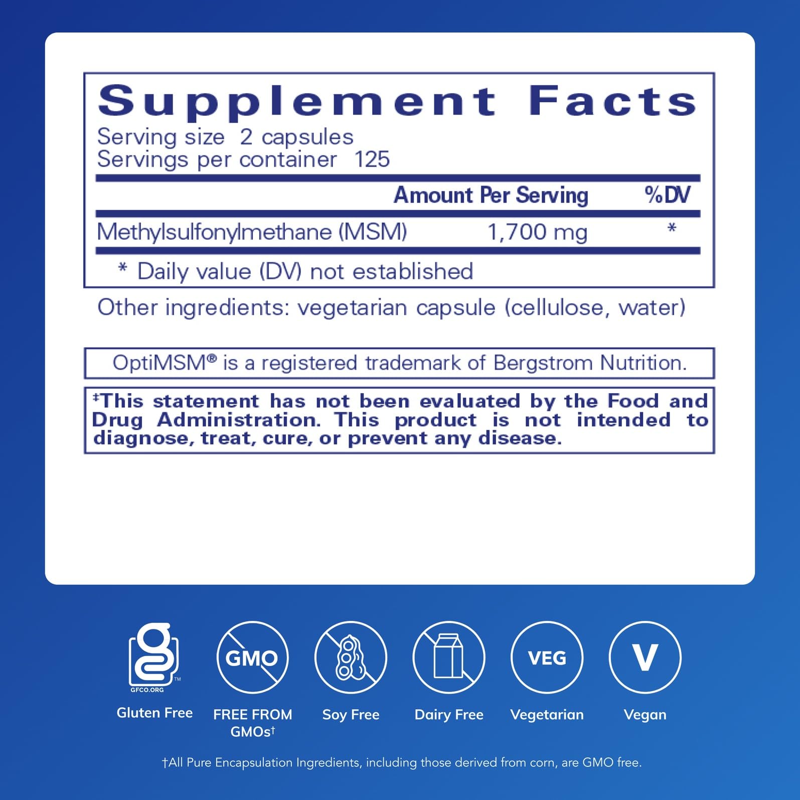 Pure Encapsulations MSM capsules label emphasizing purity and allergen-free formula.