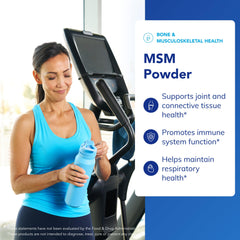 Pure Encapsulations MSM Powder being poured illustrates simple integration into drinks or smoothies.