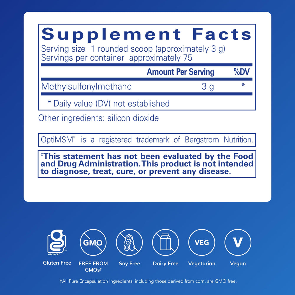 Pure Encapsulations MSM Powder scoop demonstrates easy measurement for daily immune and respiratory support.