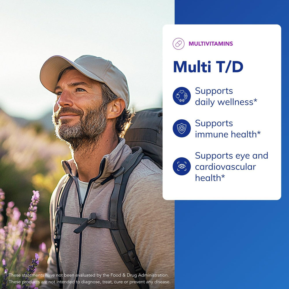 Pure Encapsulations Multi T/D capsules in bottle illustrating twice-daily dosing