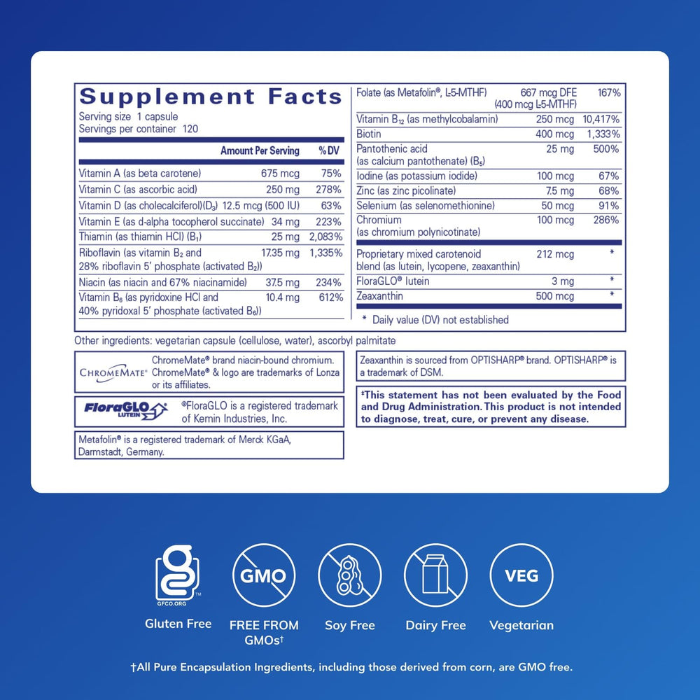 Pure Encapsulations Multi T/D label close-up showing vitamin and mineral blend