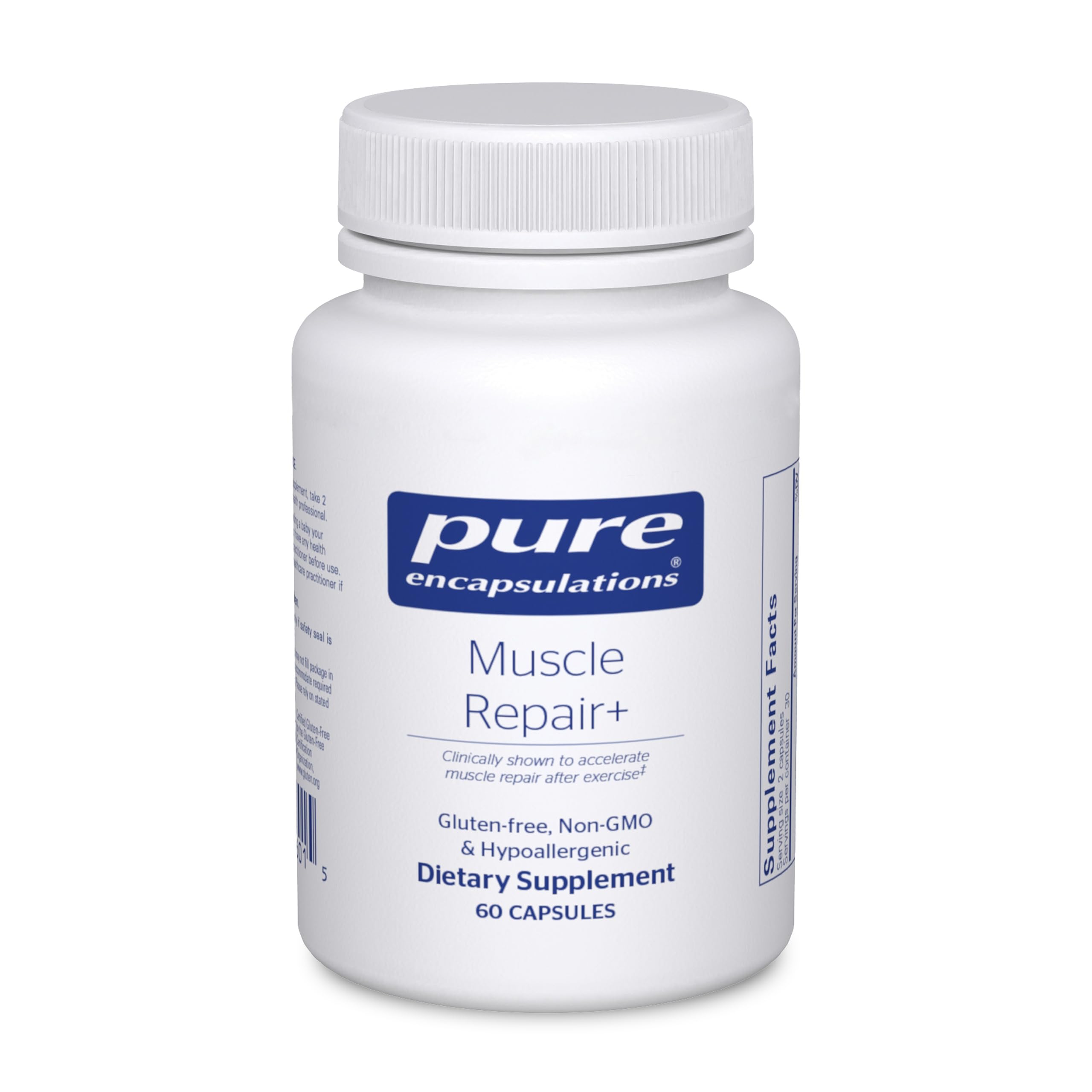 Pure Encapsulations Muscle Repair+ bottle front shows post-workout support and active use