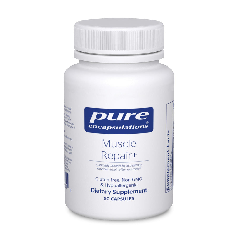 Pure Encapsulations Muscle Repair+ bottle front shows post-workout support and active use