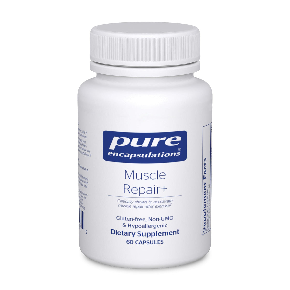 Pure Encapsulations Muscle Repair+ bottle front shows post-workout support and active use