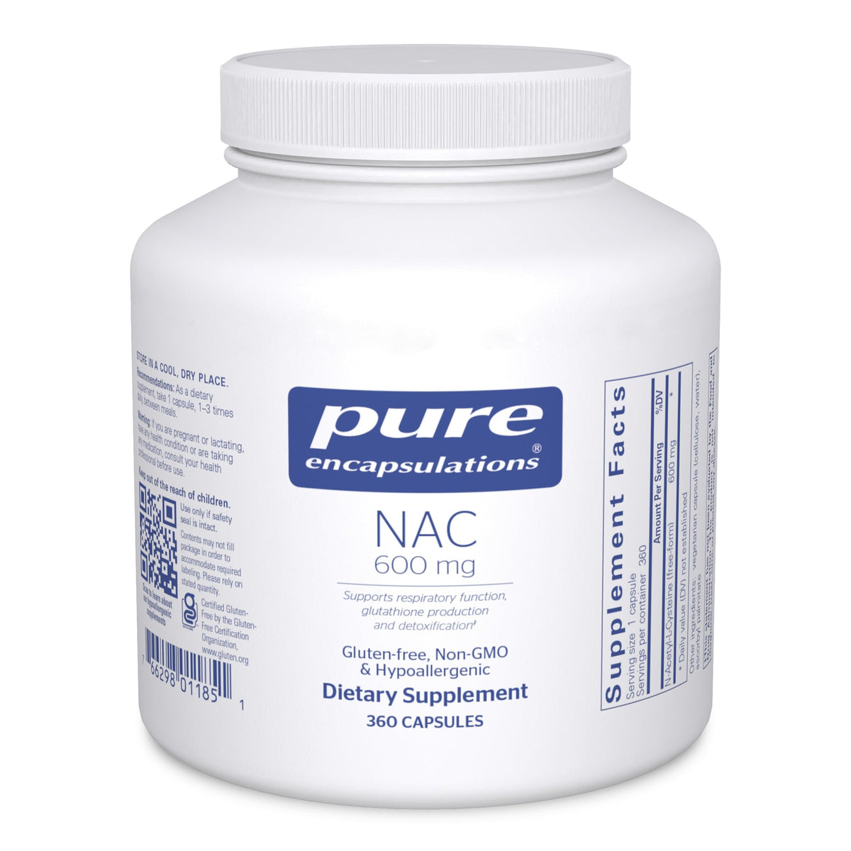 Pure Encapsulations NAC 600 mg bottle cap — premium, allergen-free supplement for respiratory support