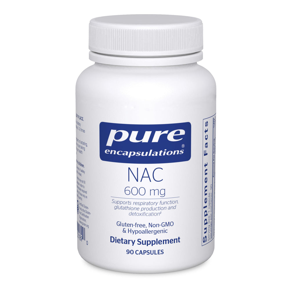 Pure Encapsulations NAC 600 mg bottle front, highlighting pure formulation for respiratory and immune support.