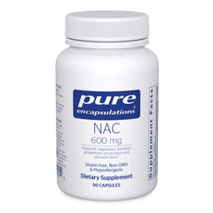 Pure Encapsulations NAC 600 mg bottle front, highlighting pure formulation for respiratory and immune support.