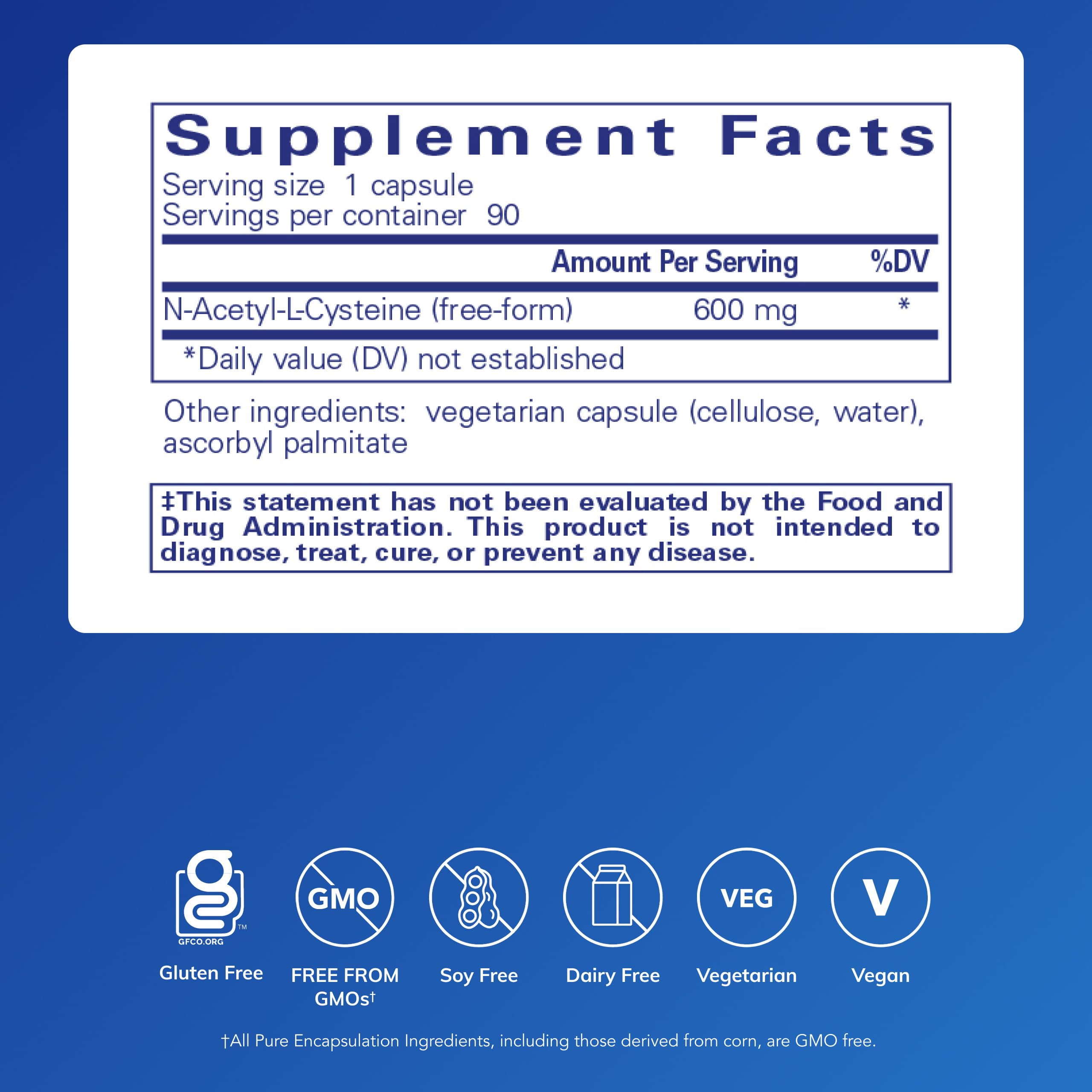 Pure Encapsulations NAC 600 mg label closeup shows allergen-free profile.