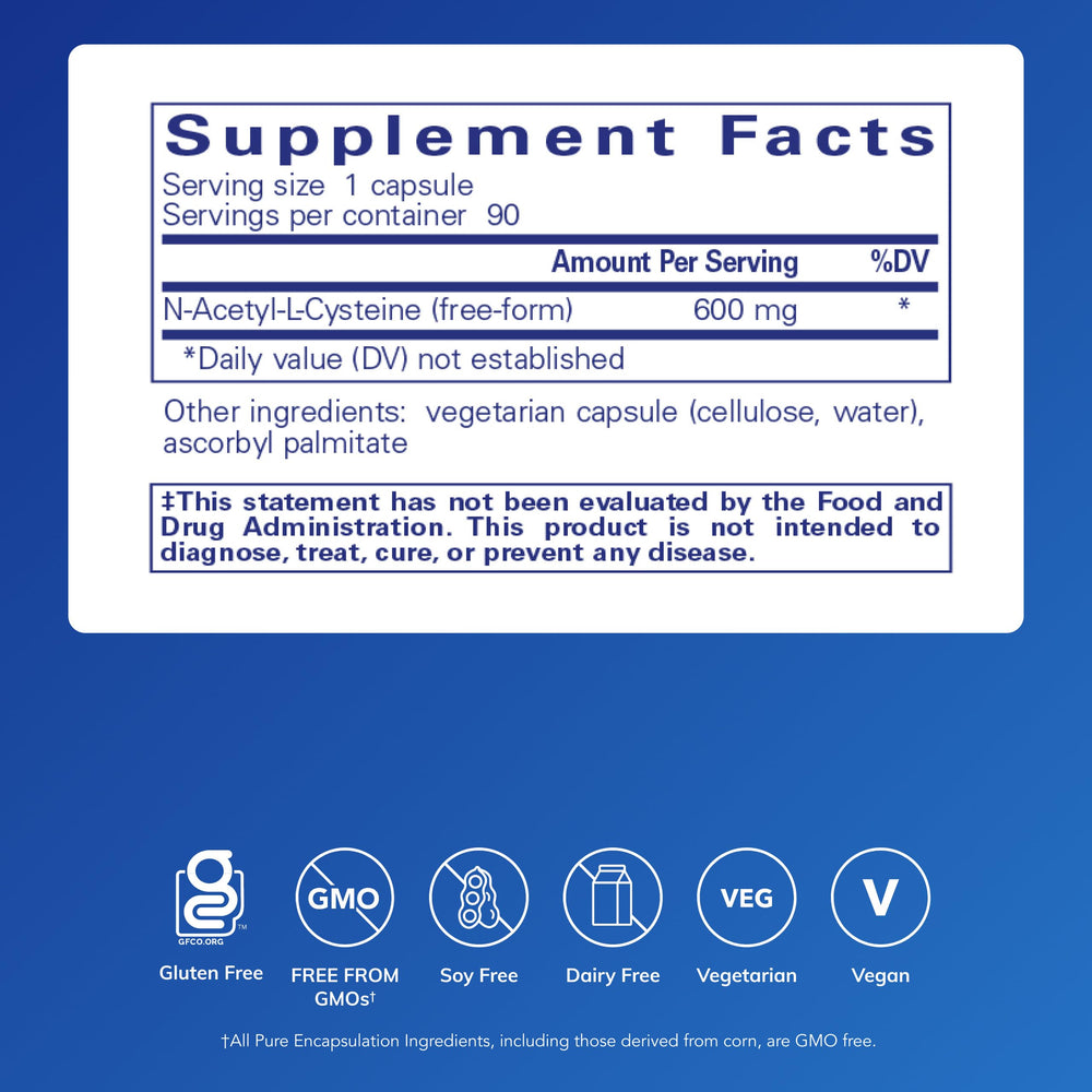 Pure Encapsulations NAC 600 mg label closeup shows allergen-free profile.