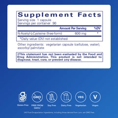 Pure Encapsulations NAC 600 mg label closeup shows allergen-free profile.