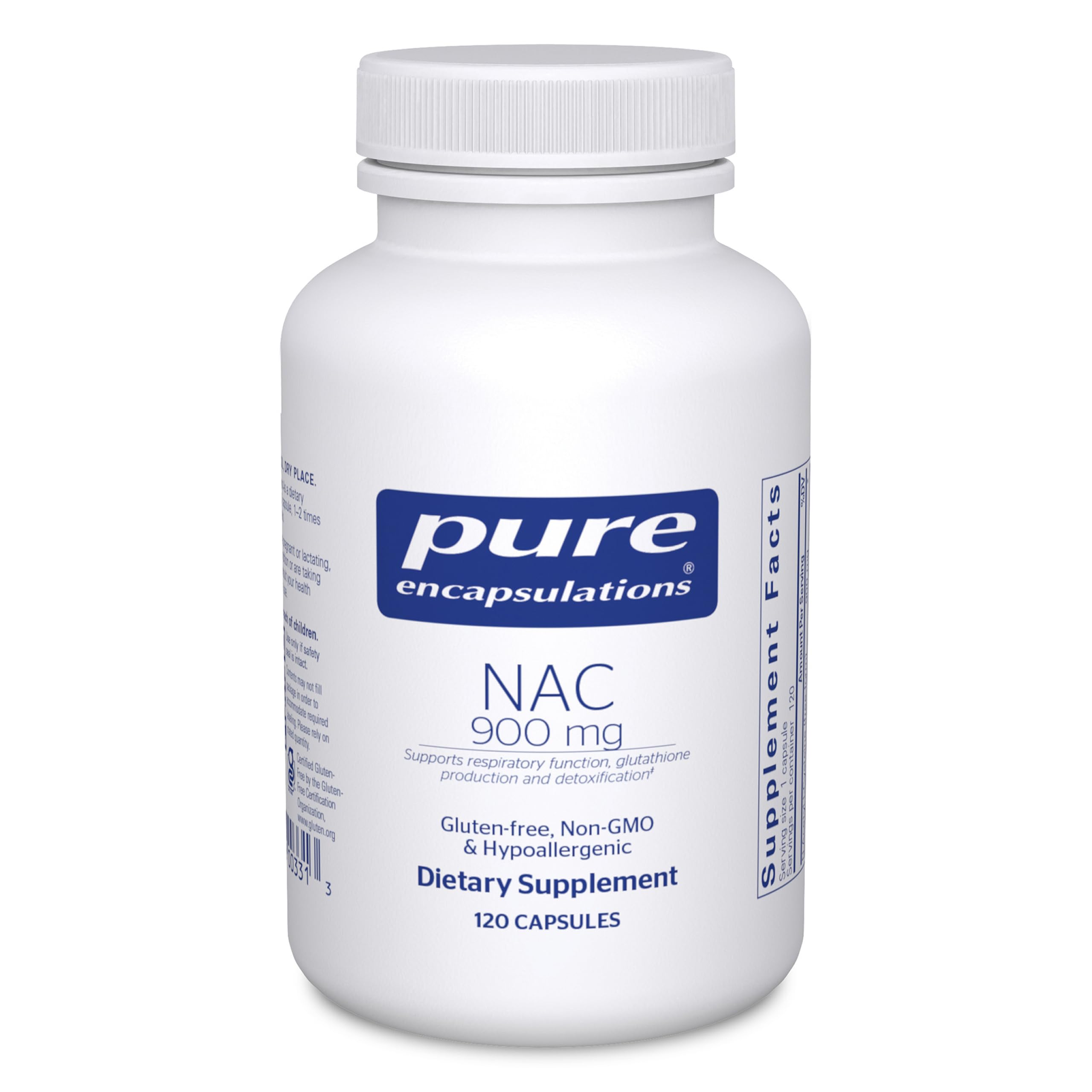 Pure Encapsulations NAC 900mg capsules close-up for daily immune and antioxidant support.