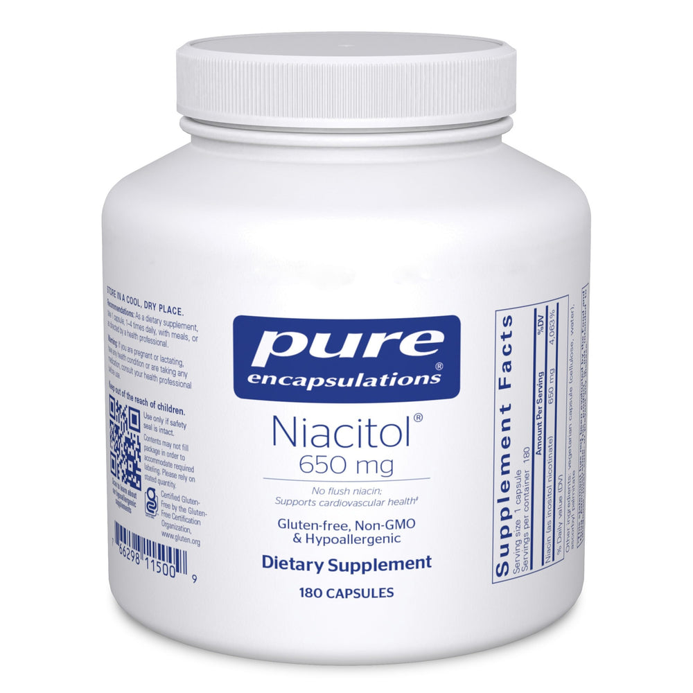 Pure Encapsulations Niacitol 650 mg bottle on shelf for easy daily metabolism support.