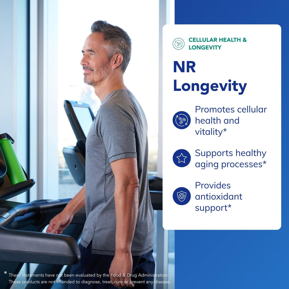 NR Longevity label highlighting gluten-free and non-GMO identity
