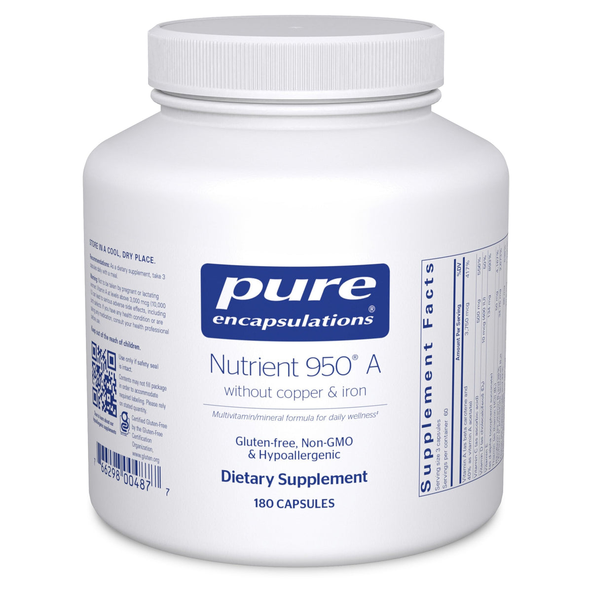 Pure Encapsulations Nutrient 950 A sin cobre e hierro, cápsulas, apoyo nutricional diario.