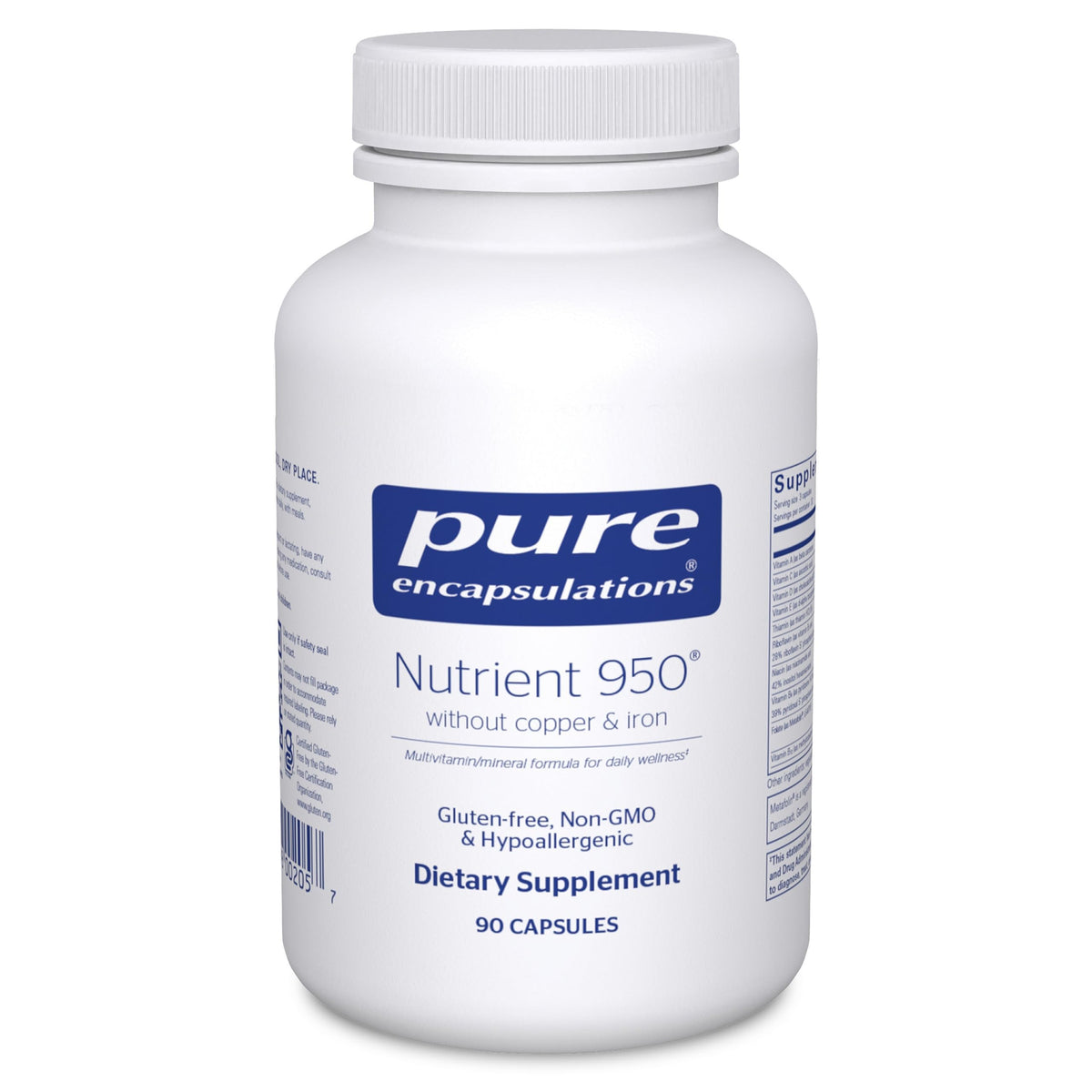 Pure Encapsulations Nutrient 950 bottle label highlights hypoallergenic formula for sensitive users