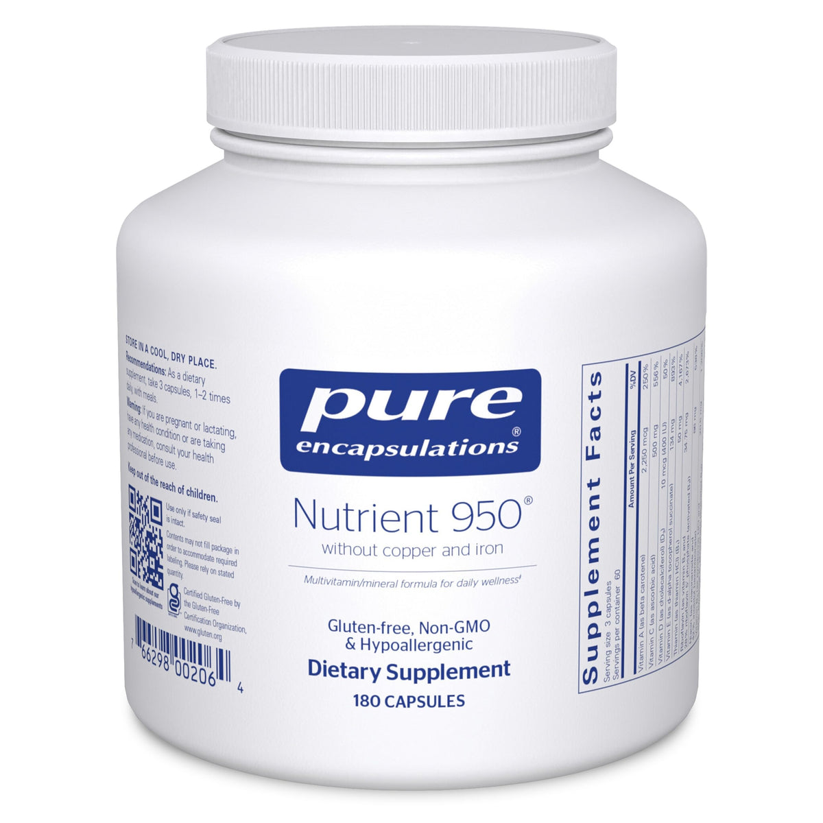 Pure Encapsulations Nutrient 950 bottle for daily wellness, hypoallergenic formula.