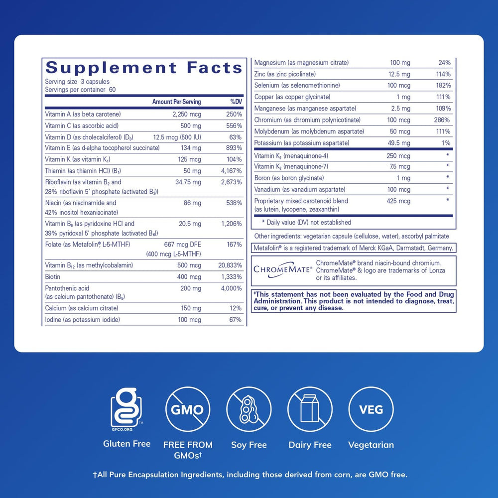 Pure Encapsulations Nutrient 950 capsules closeup, easy-to-swallow daily capsules.