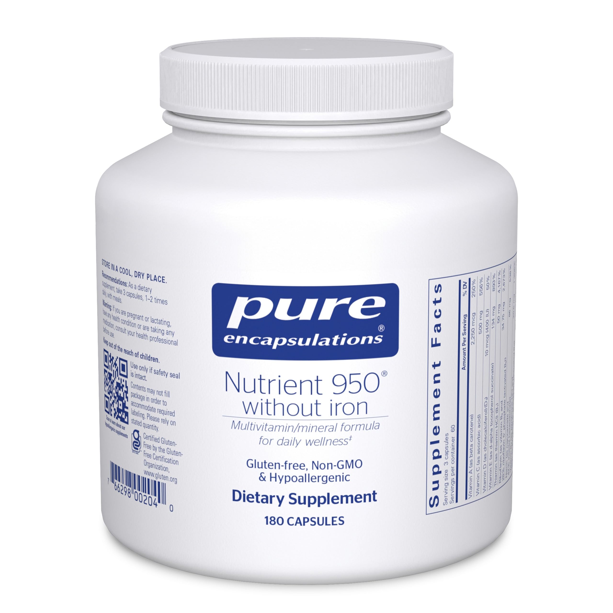 Pure Encapsulations Nutrient 950 Without Iron bottle and capsules for daily wellness.