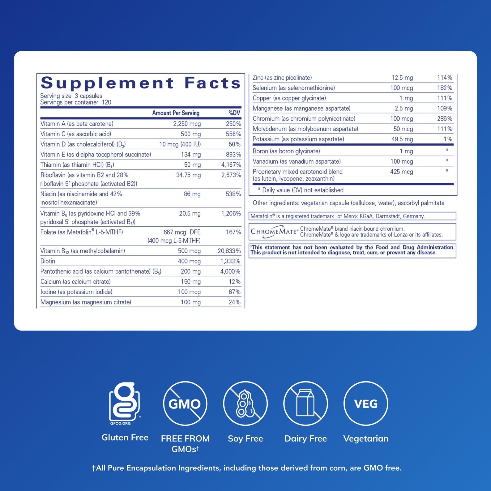 Pure Encapsulations Nutrient 950 Without Iron label close-up shows allergen-free formula.