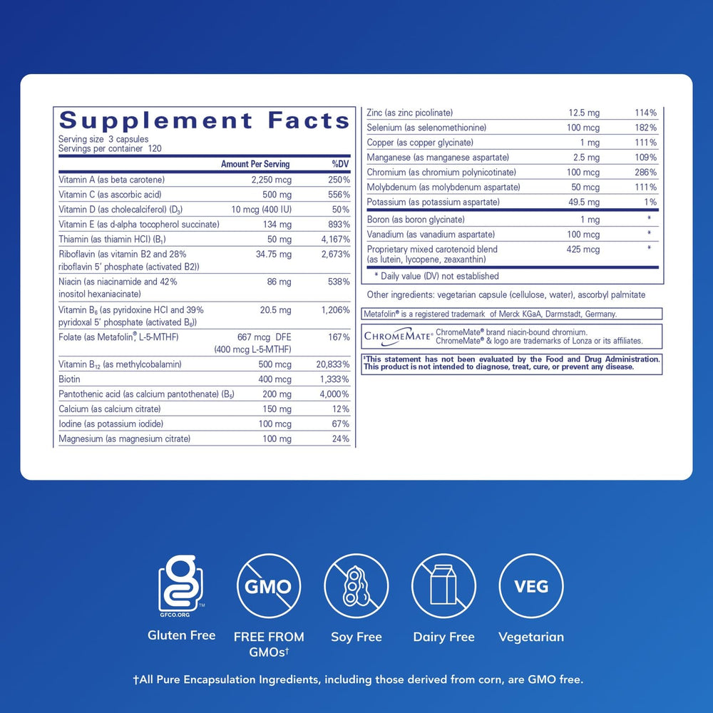 Pure Encapsulations Nutrient 950 Without Iron label close-up shows allergen-free formula.