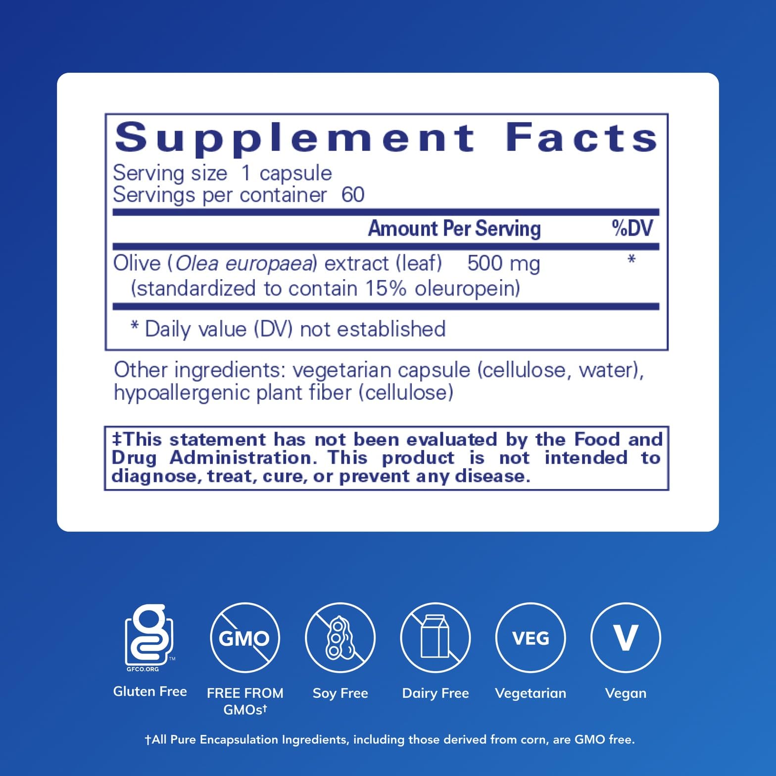 Pure Encapsulations Olive Leaf Extract label close-up showing hypoallergenic formula for sensitive users