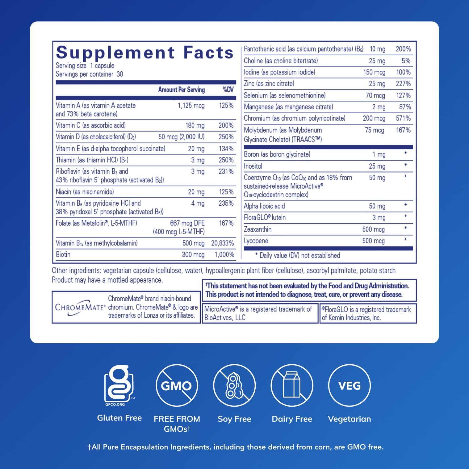 Pure Encapsulations O.N.E. bottle label close-up highlights antioxidant support and clean ingredients