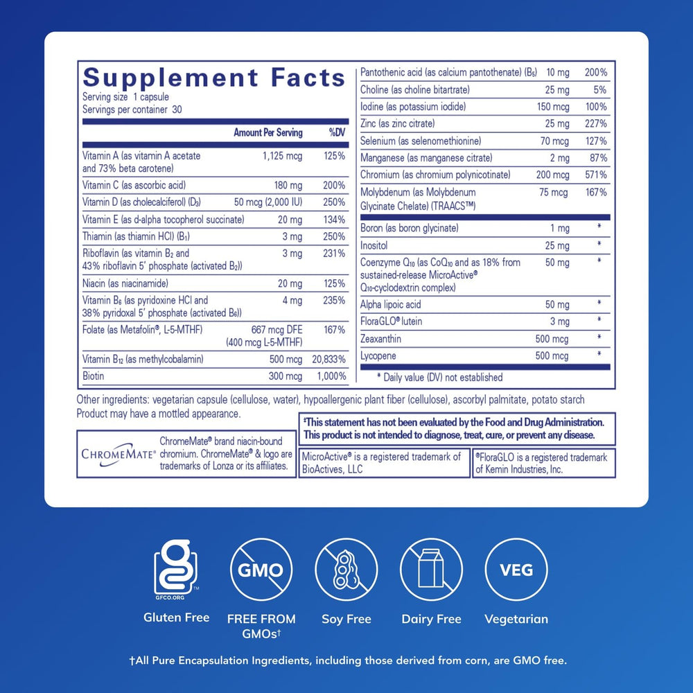 Pure Encapsulations O.N.E. bottle label close-up highlights antioxidant support and clean ingredients