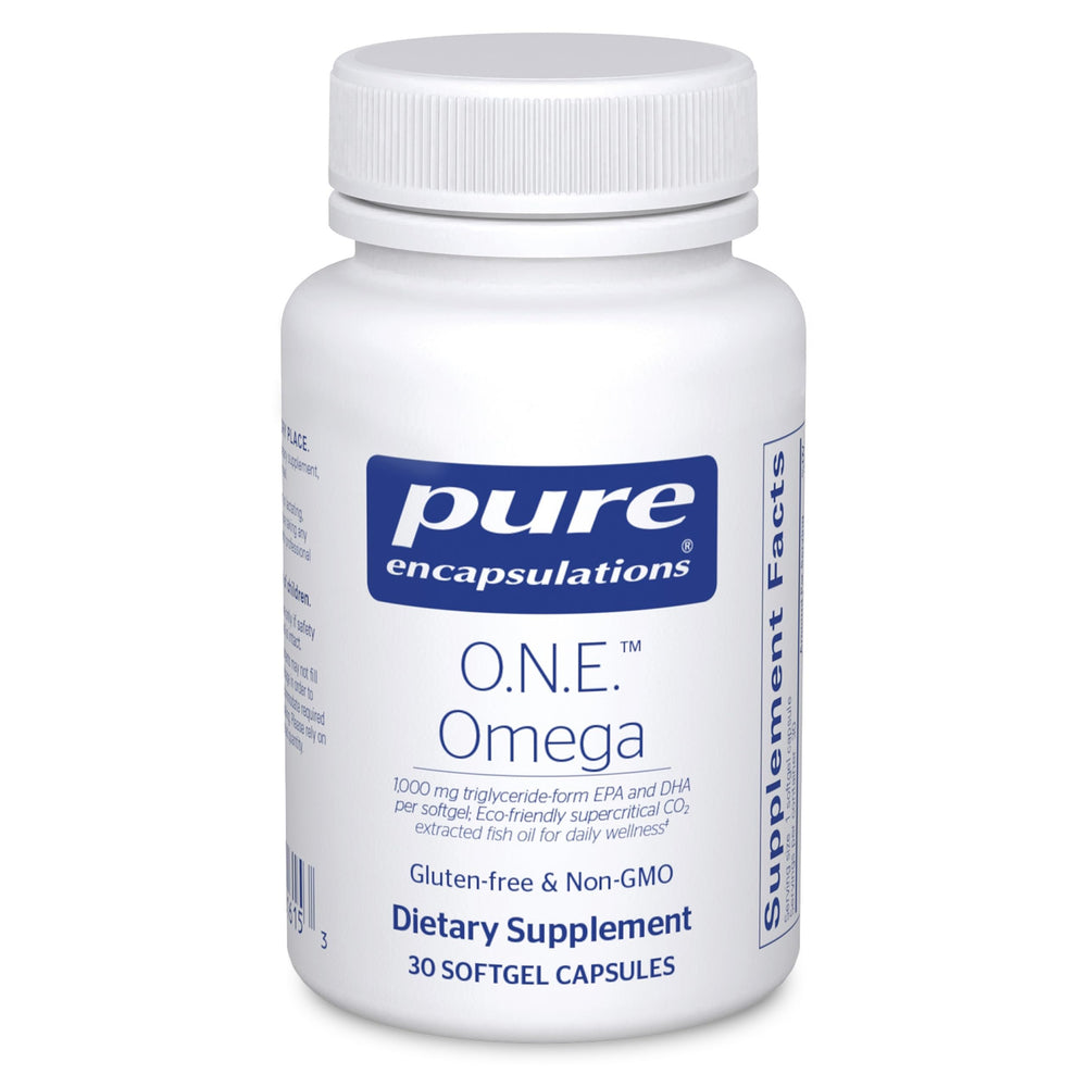 Pure Encapsulations O.N.E. Omega bottle pouring to boost daily omega intake.