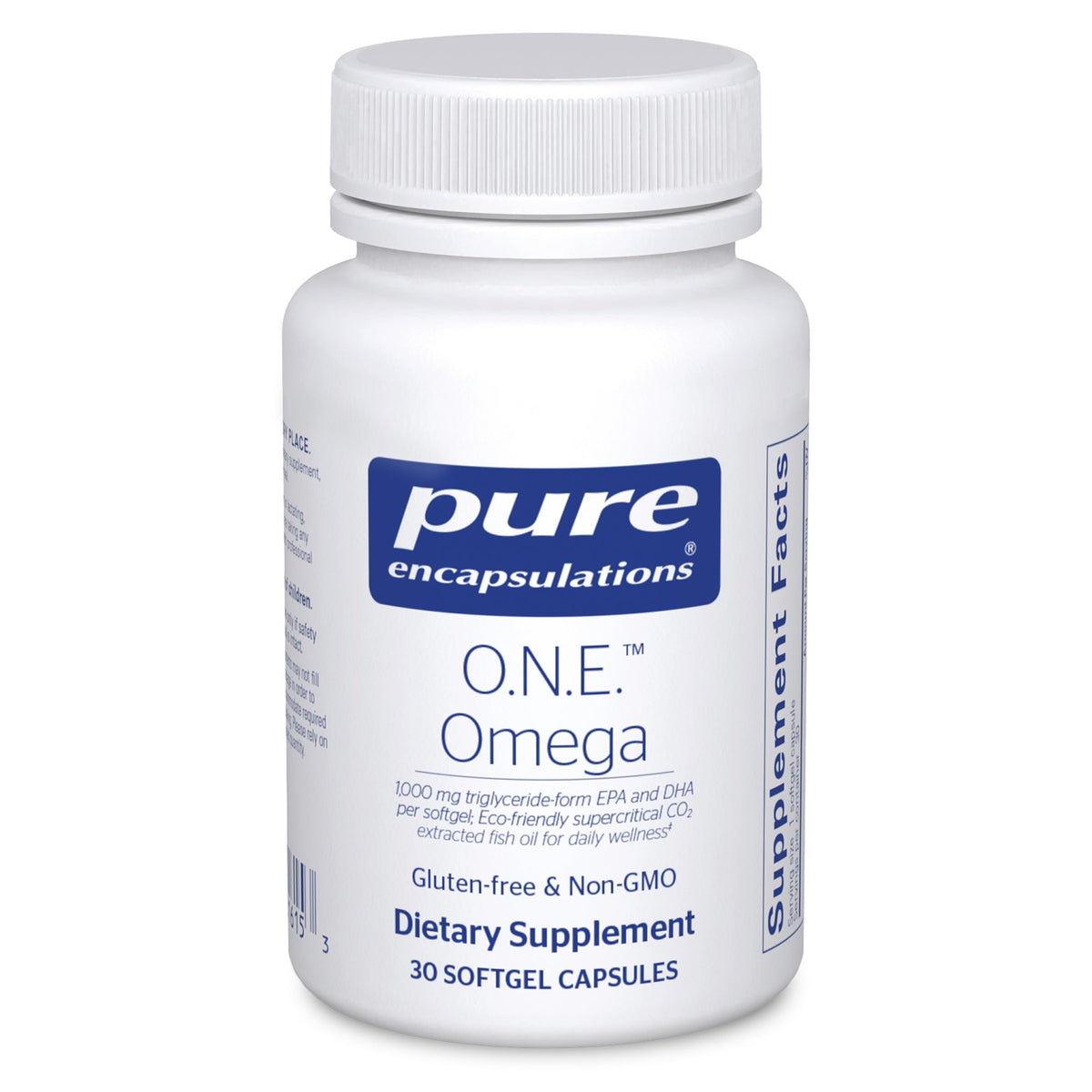 Pure Encapsulations O.N.E. Omega bottle pouring to boost daily omega intake.