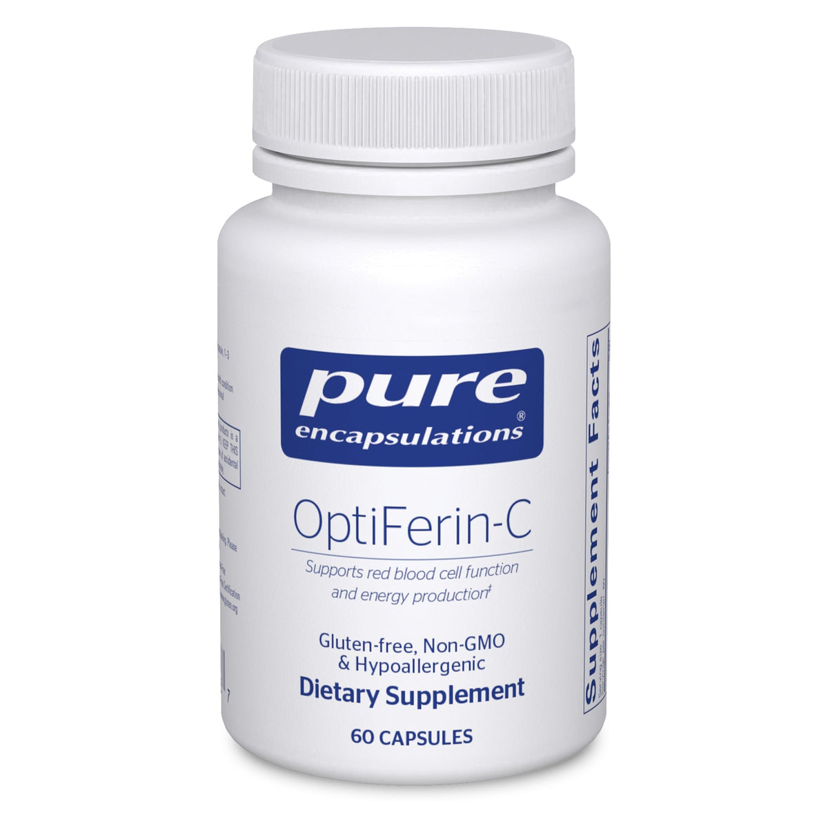 Pure Encapsulations OptiFerin-C bottle on a shelf, signaling iron absorption support for daily energy