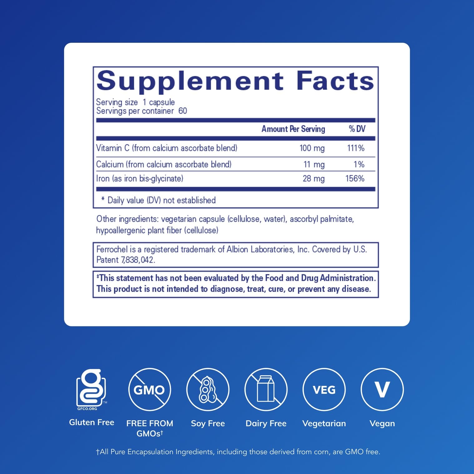 Pure Encapsulations OptiFerin-C capsules close-up, showing easy-to-swallow daily supplements