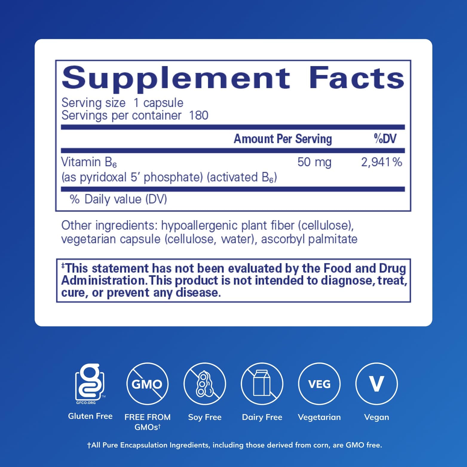 Pure Encapsulations P5P 50 bottle back shows gluten-free, non-GMO formulation.