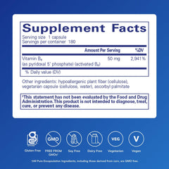 Pure Encapsulations P5P 50 bottle back shows gluten-free, non-GMO formulation.