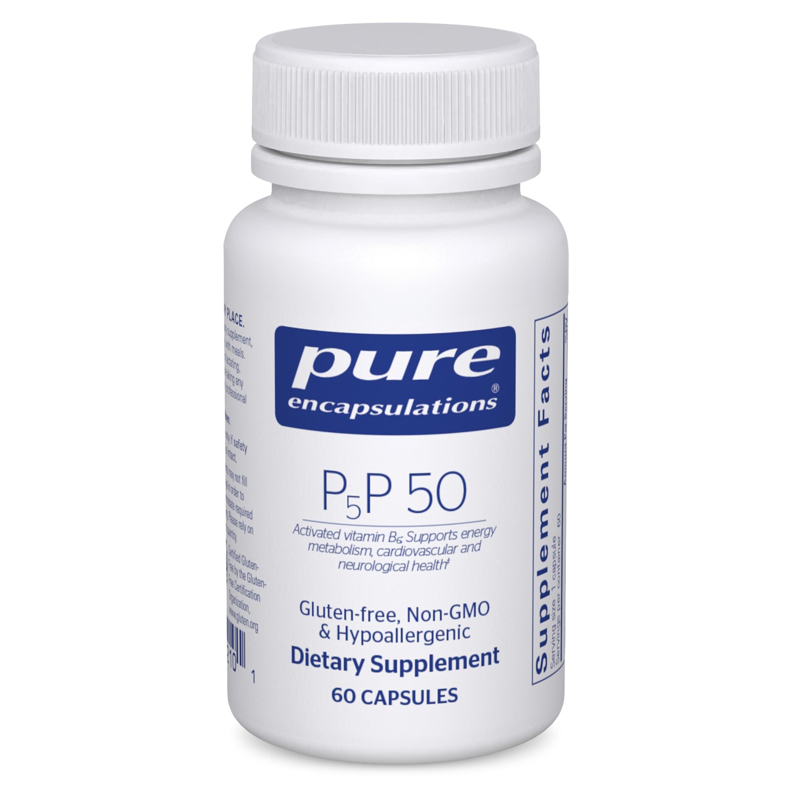 Pure Encapsulations P5P 50 bottle cover, gluten-free and non-GMO vitamin B6 support.