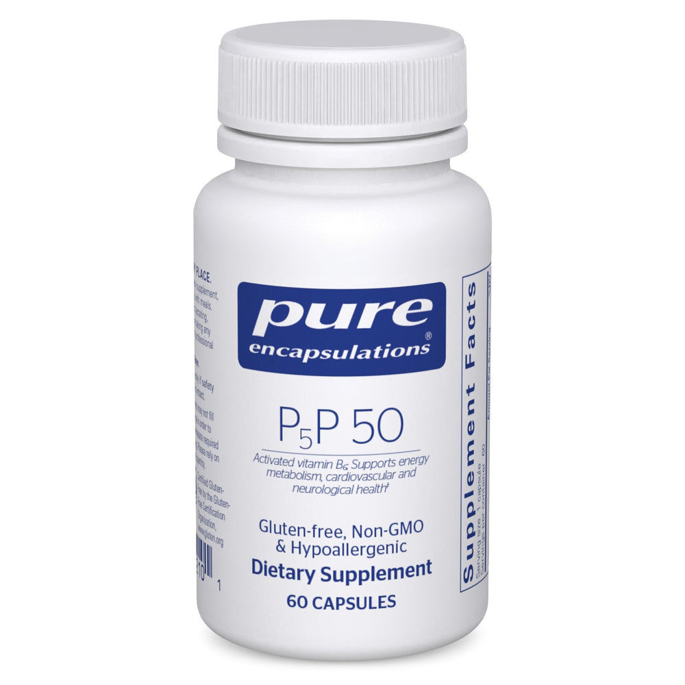 Pure Encapsulations P5P 50 bottle cover, gluten-free and non-GMO vitamin B6 support.