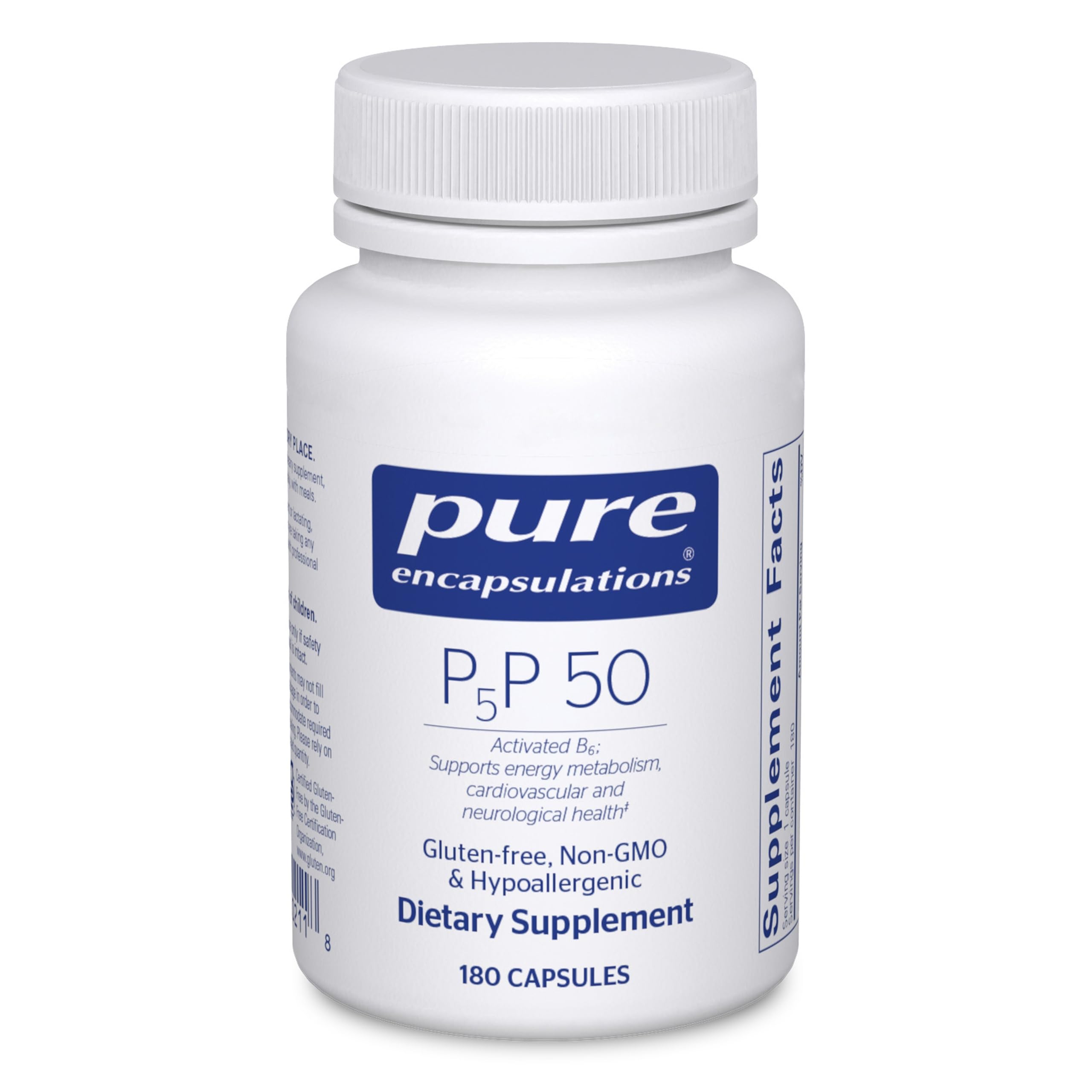 Pure Encapsulations P5P 50 bottle front highlights active vitamin B6 for energy metabolism.