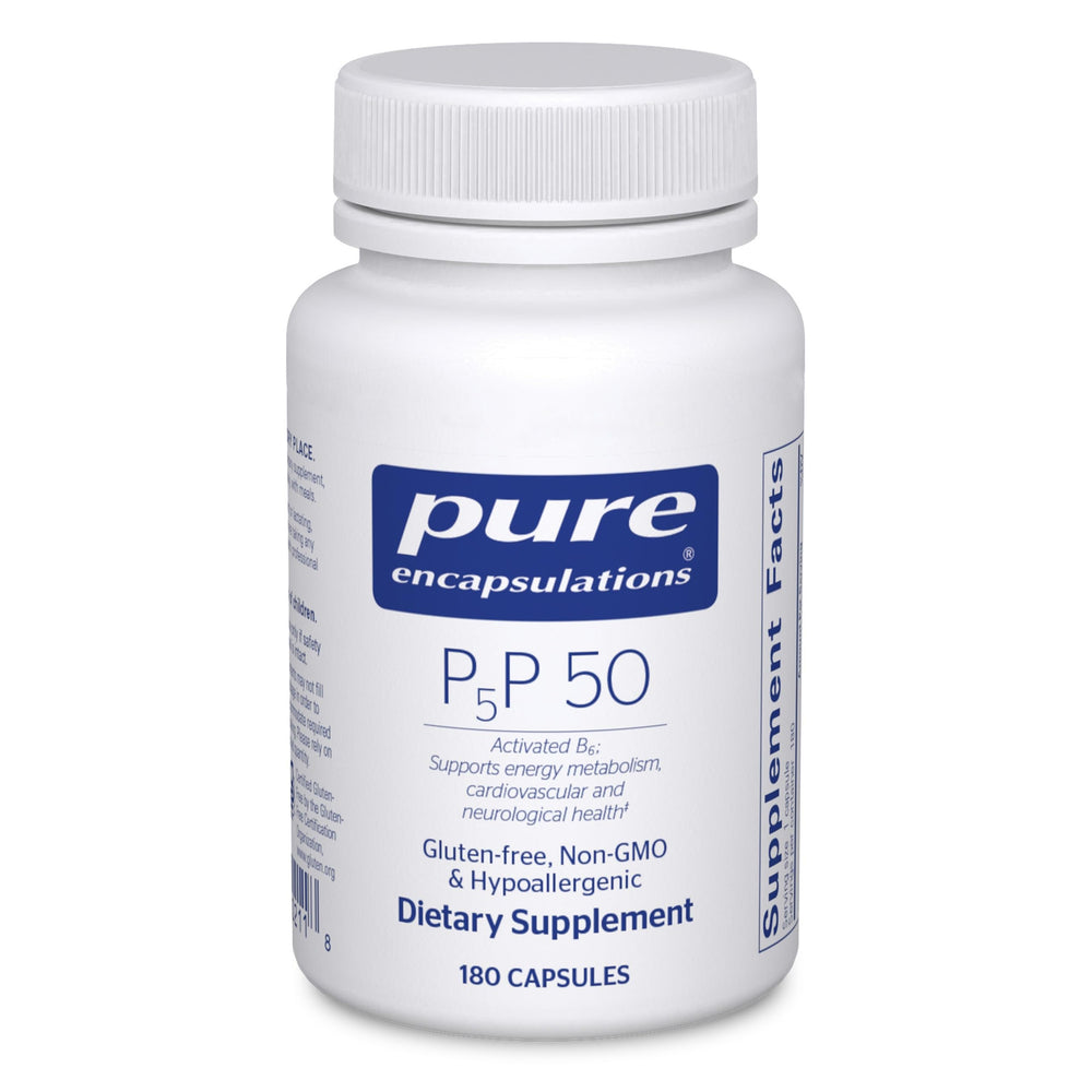 Pure Encapsulations P5P 50 bottle front highlights active vitamin B6 for energy metabolism.