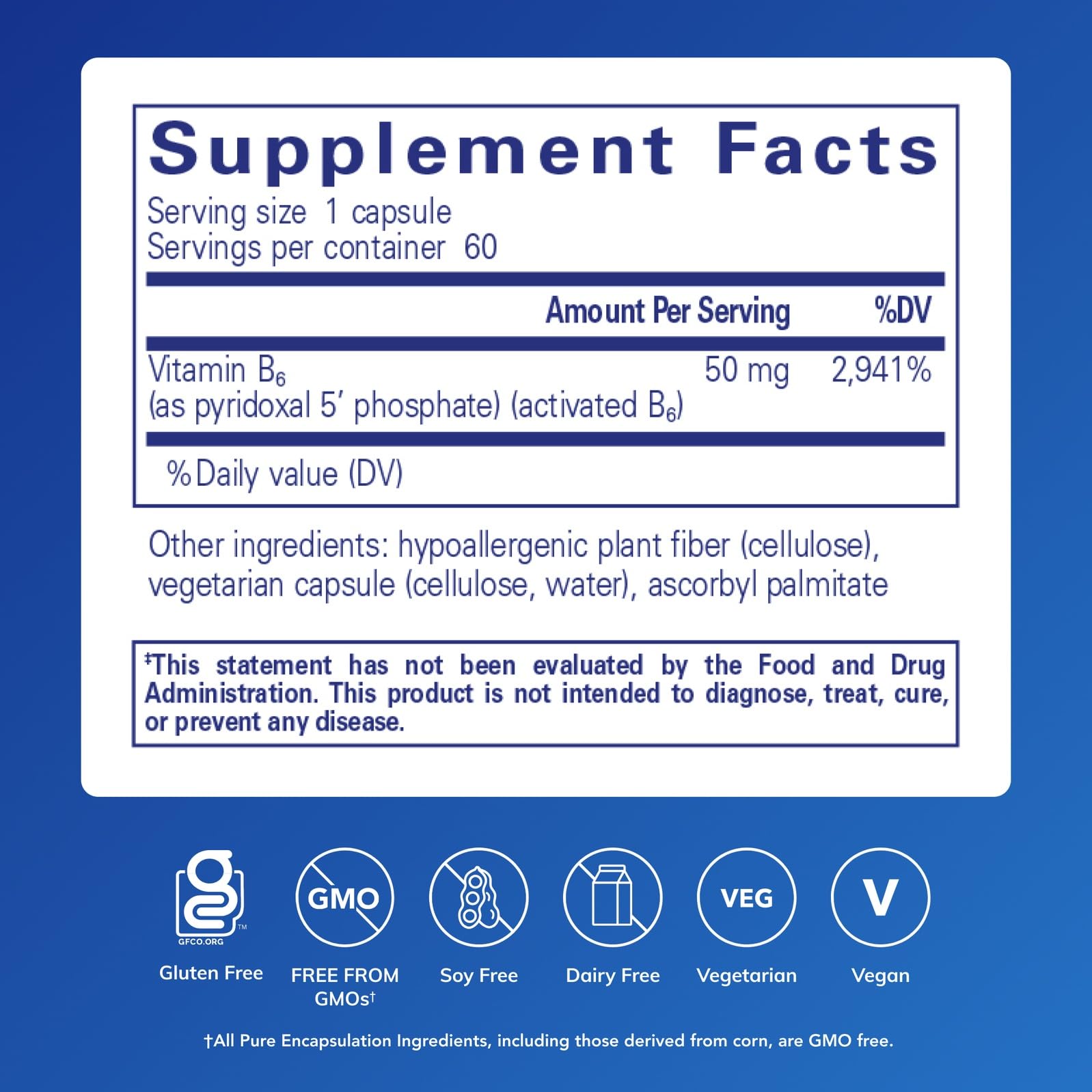 Pure Encapsulations P5P 50 label close-up highlighting active B6 form.