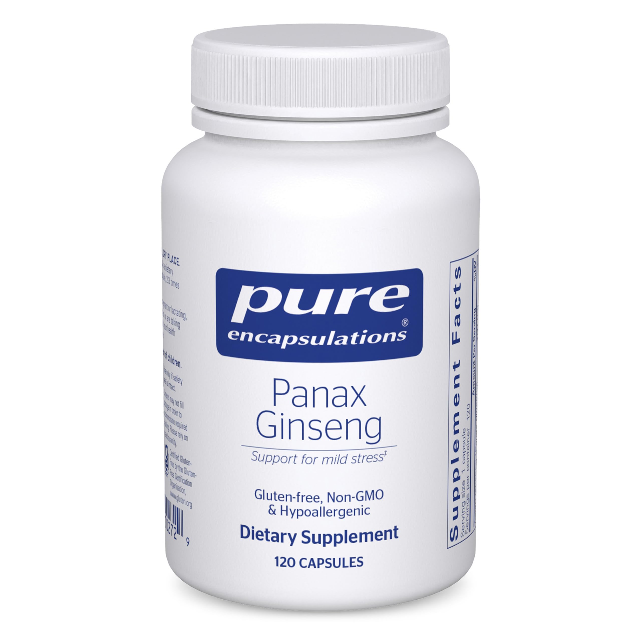 Pure Encapsulations Panax Ginseng bottle-front highlighting hypoallergenic formula for occasional stress support