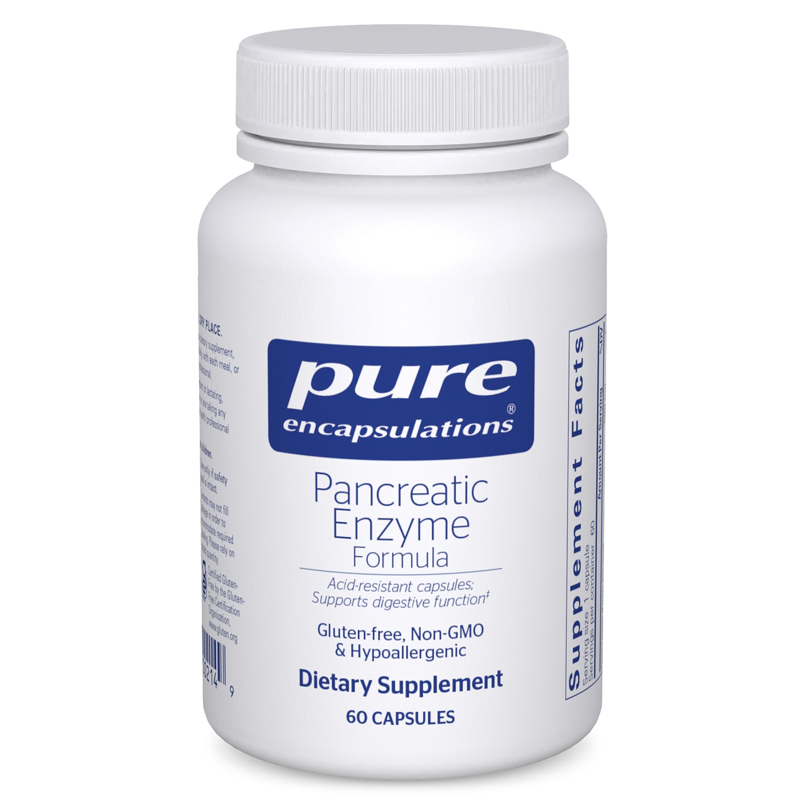 Pure Encapsulations Pancreatic Enzyme Formula bottle with label highlights trusted gut support.