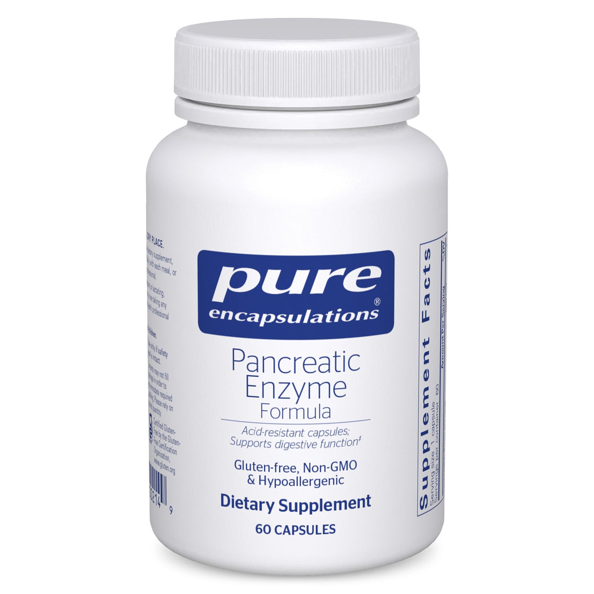 Pure Encapsulations Pancreatic Enzyme Formula bottle with label highlights trusted gut support.