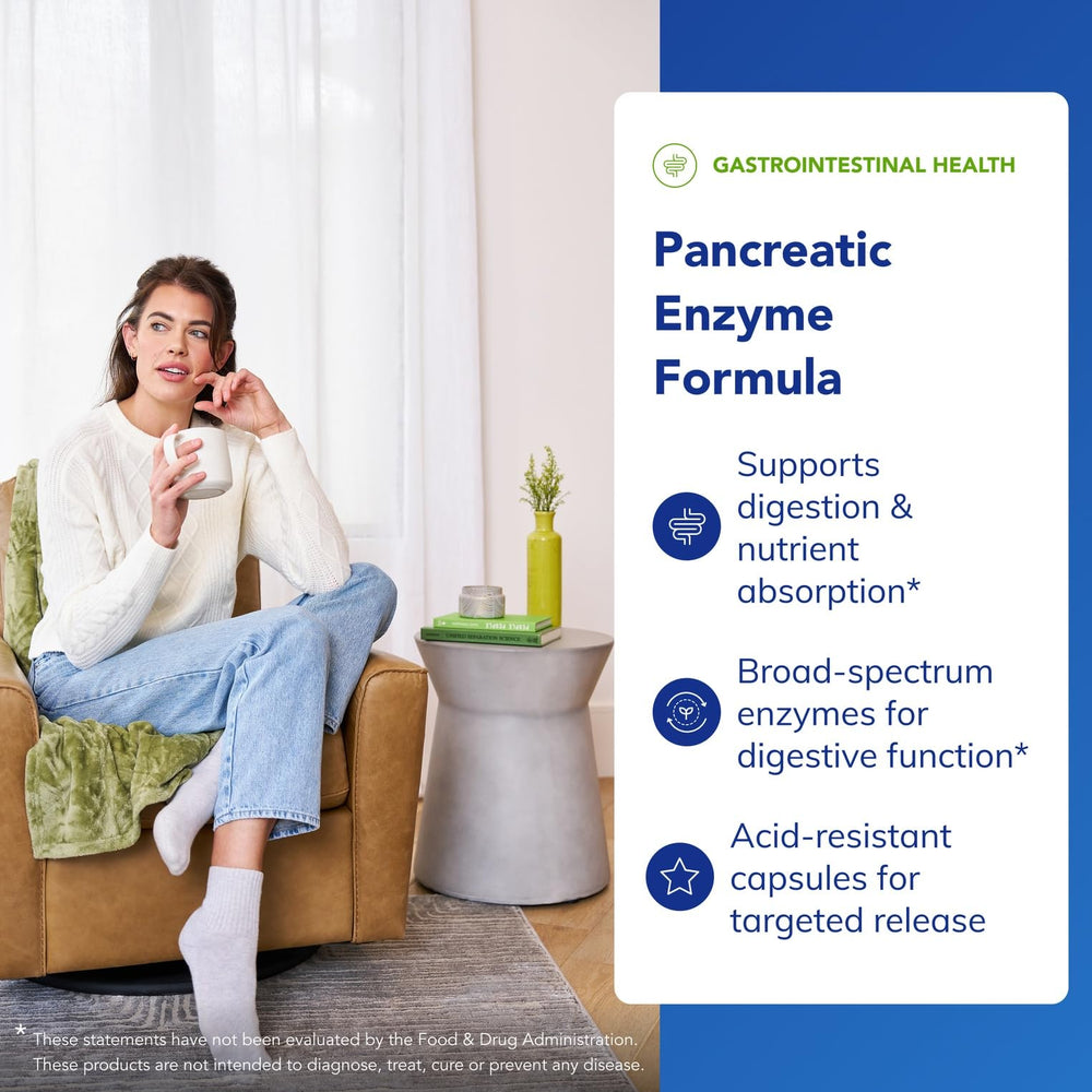 Close-up of Pancreatic Enzyme Formula capsules shows pancreatin blend for digestion support.